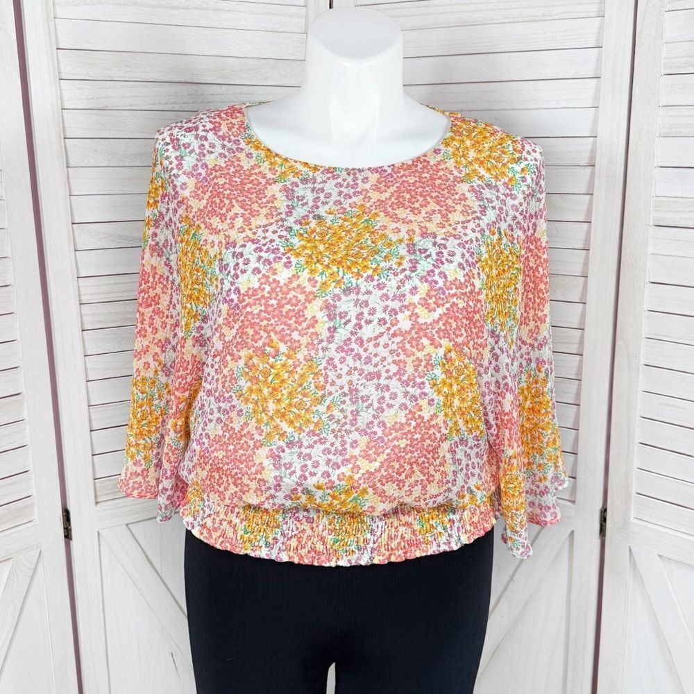 Boho Cottagecore Floral Butterfly Sleeve Smocked Waist Blouse Pink Multi Large